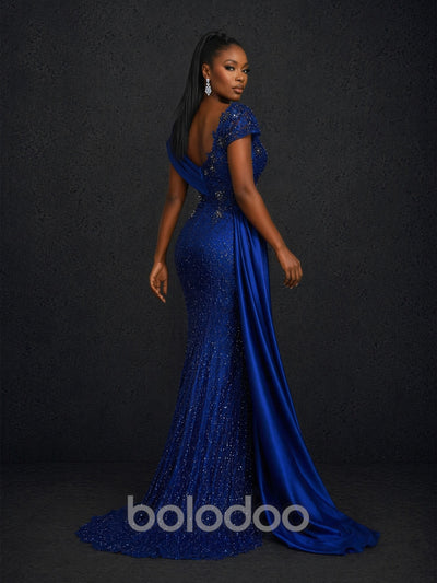 BOLODOO royal blue sequin lace cap sleeve mermaid maxi dress - close up bodice scalloped neckline and crystal bead detail | BOLODOO watermark