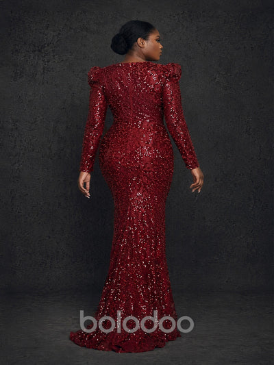 BOLODOO burgundy sequin long sleeve puff shoulder mermaid maxi dress - full length front view hand on hip pose | BOLODOO watermark