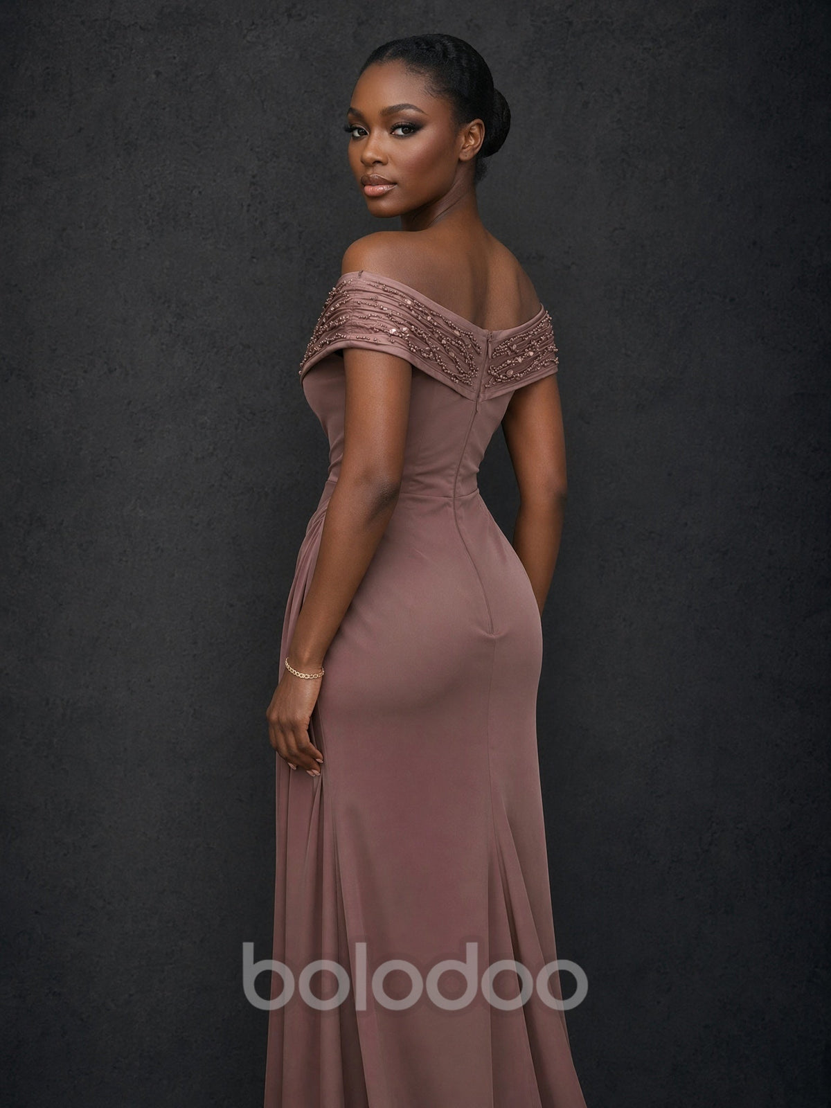 BOLODOO mocha brown beaded off-shoulder draped slit maxi dress - close up beaded bodice detail | BOLODOO watermark