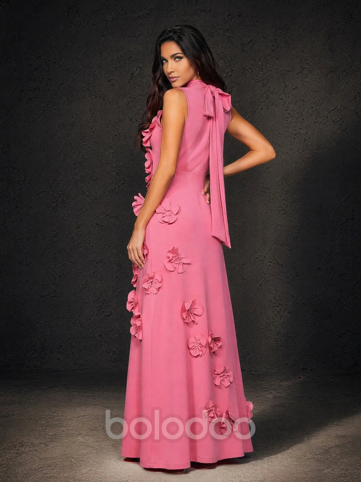 BOLODOO Pink Mock Neck Sleeveless 3D Floral Appliqué Maxi Dress with Bow Back | BOLODOO watermark