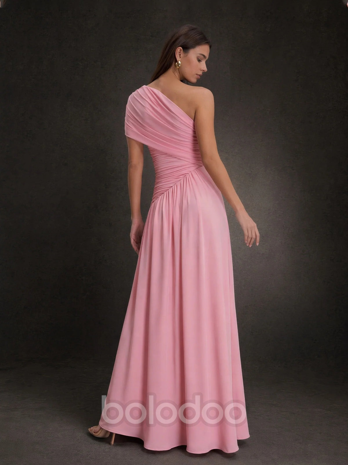 BOLODOO Pink One-Shoulder Draped Ruched Chiffon A-Line Maxi Dress | BOLODOO watermark