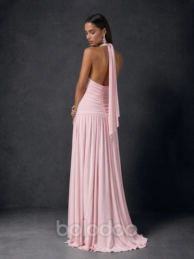BOLODOO Pink Halter Deep V-Neck Ruched Chiffon Open Back Maxi Dress with Draped Neck Tie | BOLODOO watermark