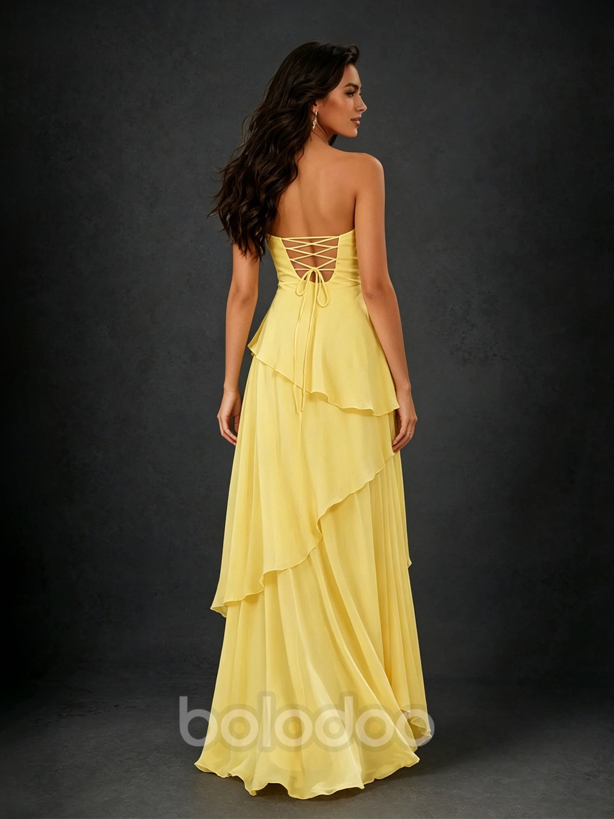 BOLODOO Yellow Strapless Sweetheart Knotted Chiffon Tiered Maxi Dress with Lace-Up Back | BOLODOO watermark