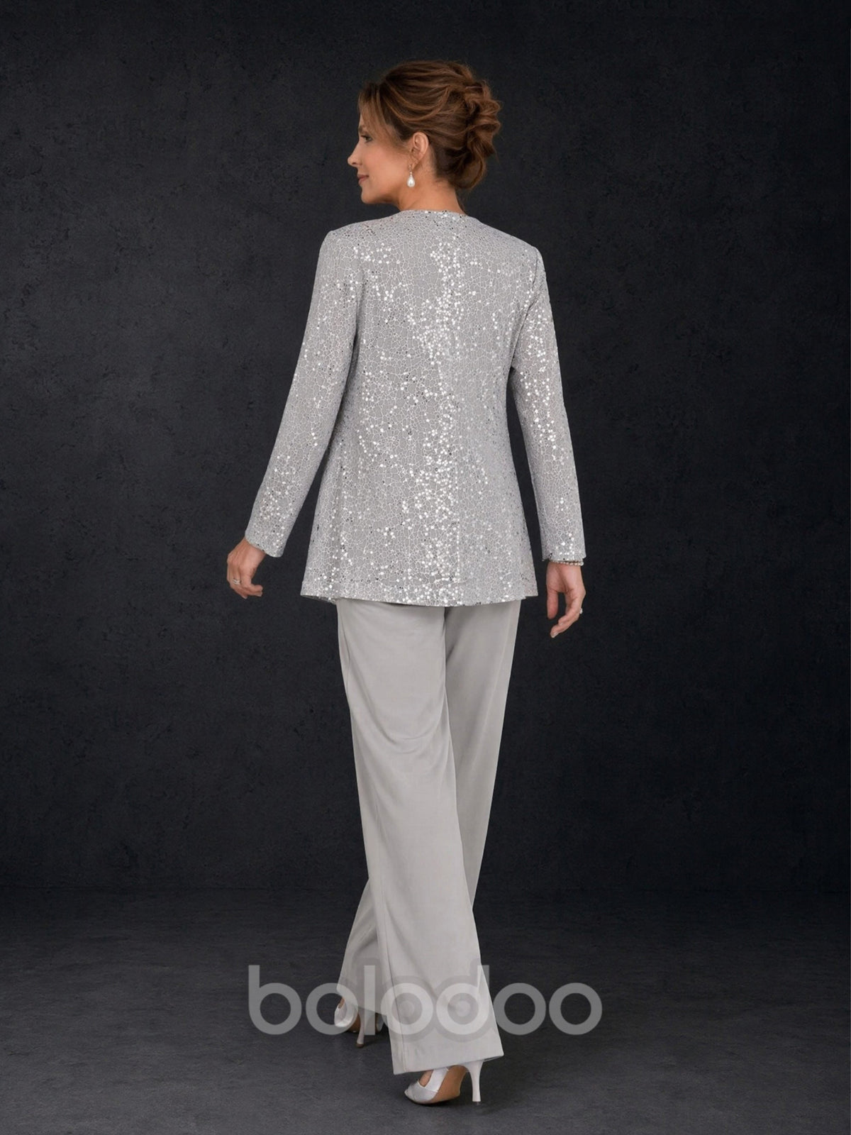 BOLODOO silver gray sequin lace 3-piece pant suit - close up jacket and top detail | BOLODOO watermark