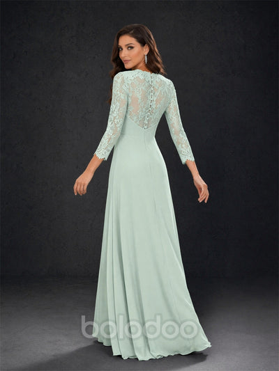BOLODOO sage green lace sleeve V-neck floral waist chiffon A-line maxi dress - back view showing sheer lace back | BOLODOO watermark