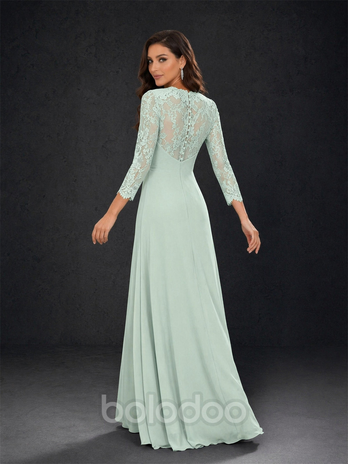 BOLODOO sage green lace sleeve V-neck floral waist chiffon A-line maxi dress - back view showing sheer lace back | BOLODOO watermark