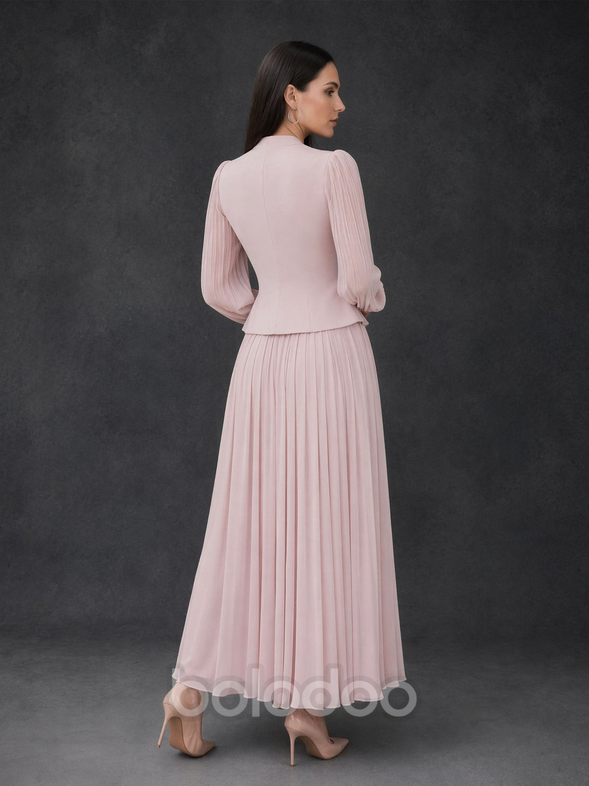 BOLODOO Blush Pink Chiffon Long Sleeve Peplum Pleated Maxi Dress - Back View | BOLODOO watermark