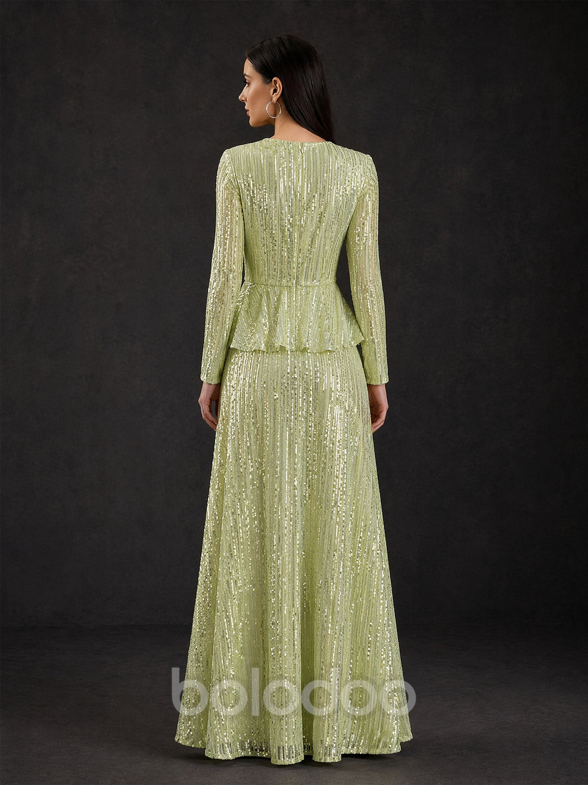 BOLODOO Sage Green Sequin Long Sleeve Peplum Maxi Dress - Back View | BOLODOO watermark