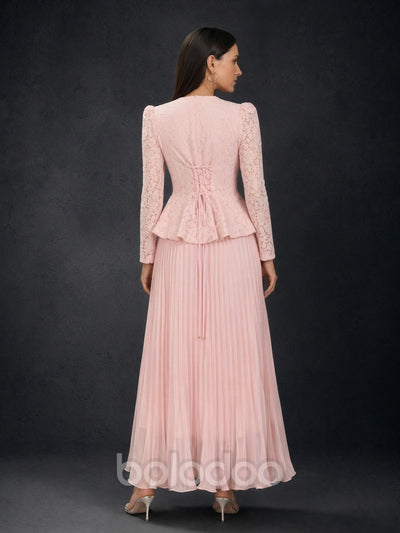 BOLODOO Blush Pink Lace Long Sleeve Peplum Pleated Maxi Dress - Back View showing Lace-Up Ribbon Detail | BOLODOO watermark