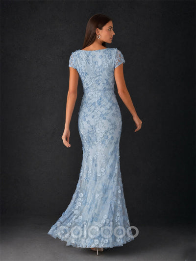 BOLODOO Dusty Blue 3D Floral Embroidered Lace Cap Sleeve Bateau Neck Mermaid Maxi Dress | BOLODOO watermark