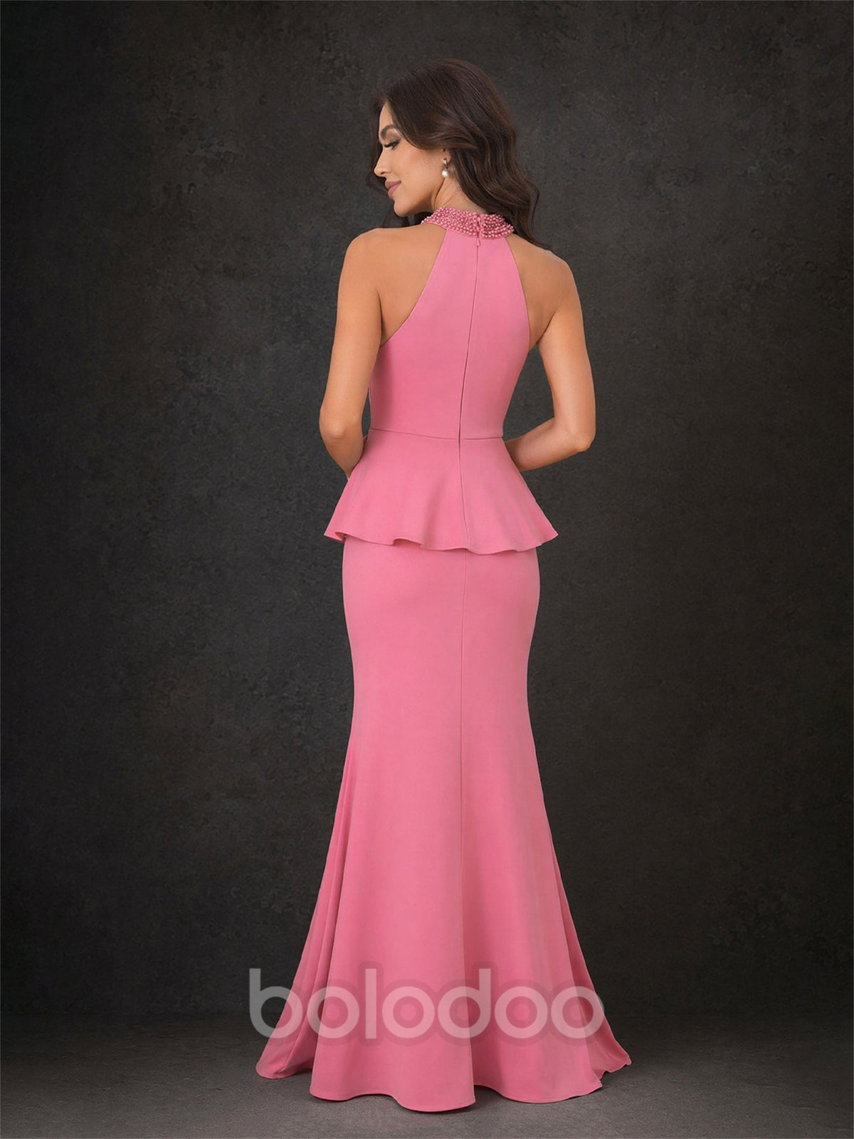 BOLODOO Rose Pink Pearl Beaded Halter Neck 3D Floral Applique Peplum Mermaid Backless Maxi Dress | BOLODOO watermark