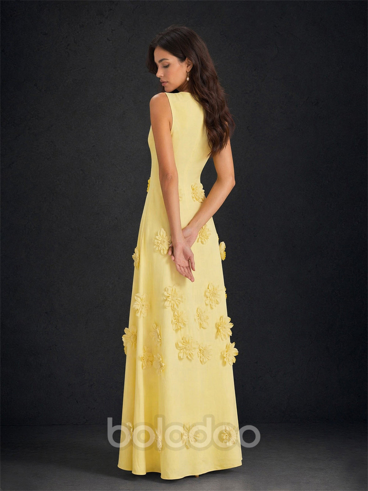 BOLODOO Lemon Yellow Chiffon 3D Daisy Floral Applique Round Neck Sleeveless A-Line Maxi Dress | BOLODOO watermark