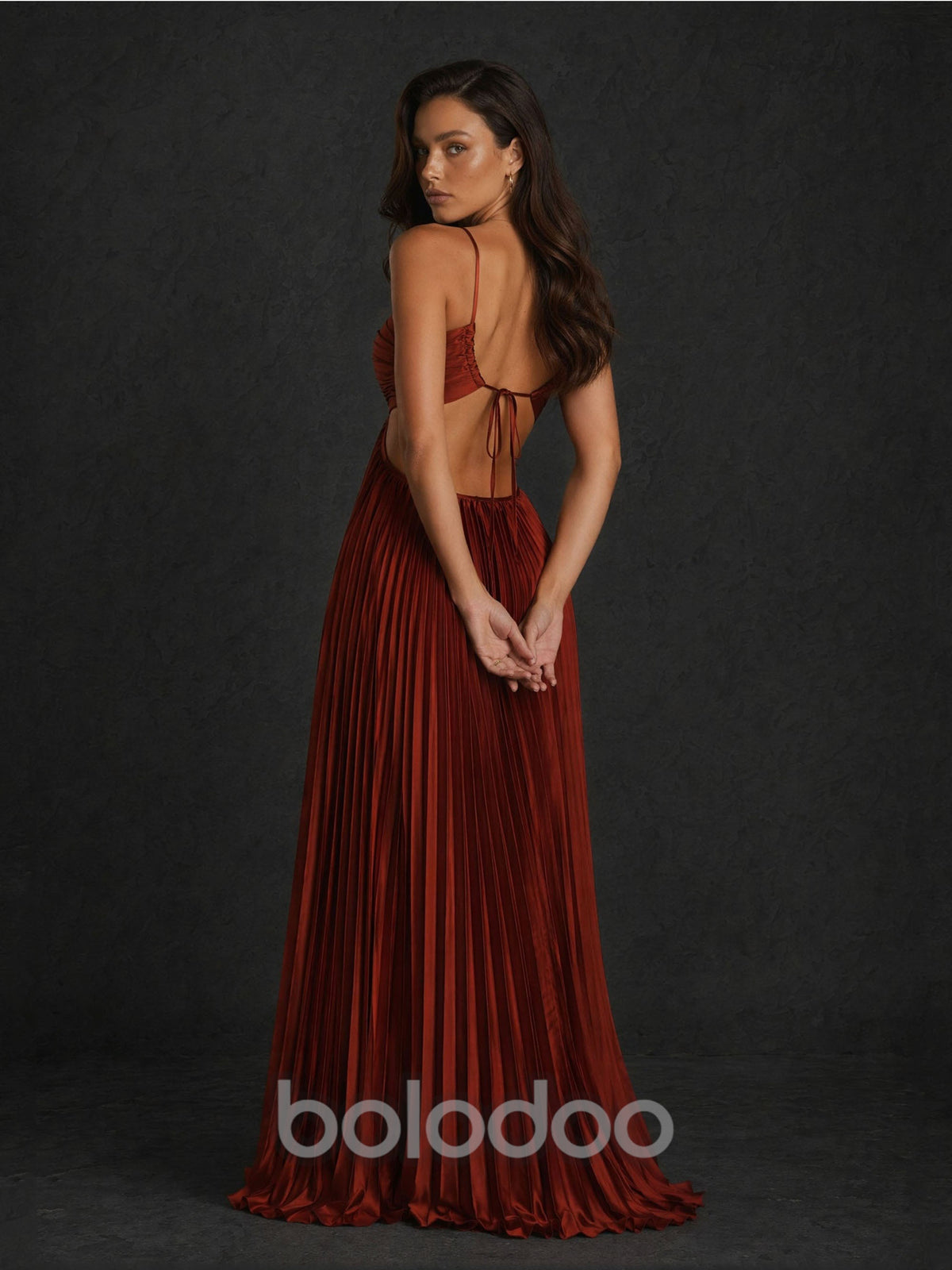 BOLODOO Wine Red Chiffon Pleated Halter Sweetheart Cutout Waist A-Line Backless Maxi Dress | BOLODOO watermark