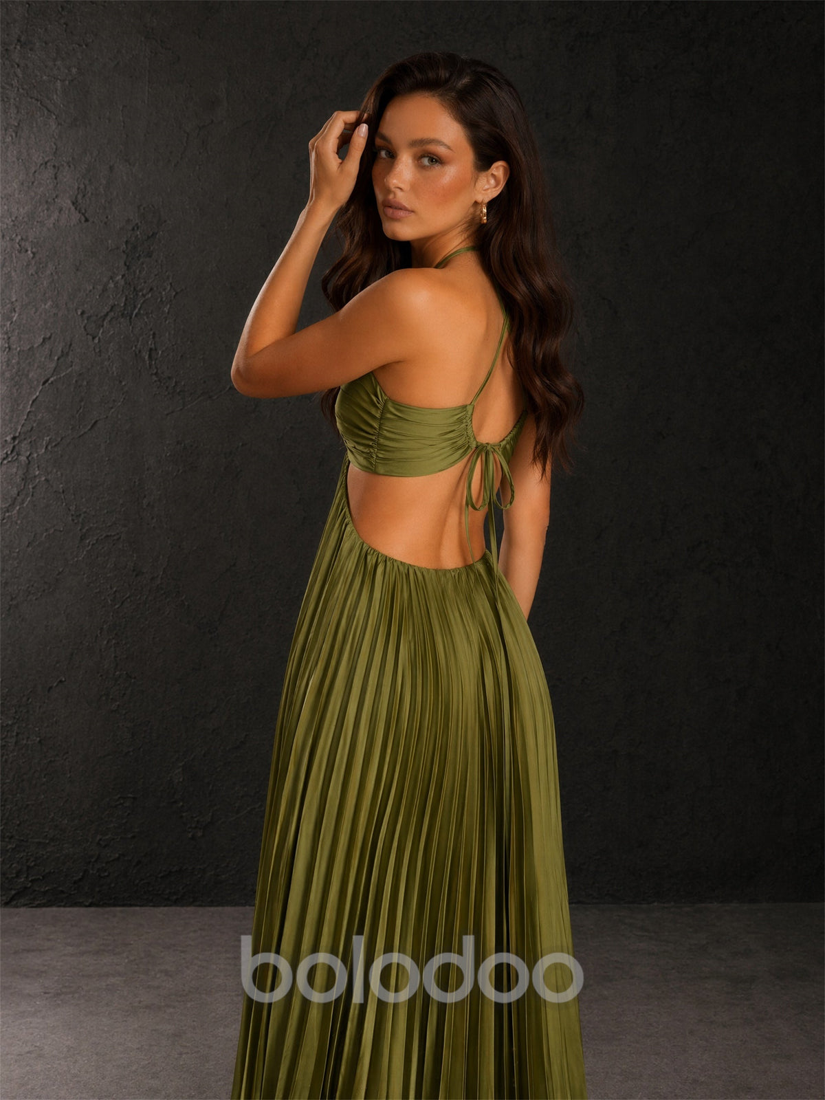BOLODOO Olive Green Satin Halter Neck Cutout Waist Pleated A-Line Backless Maxi Dress | BOLODOO watermark
