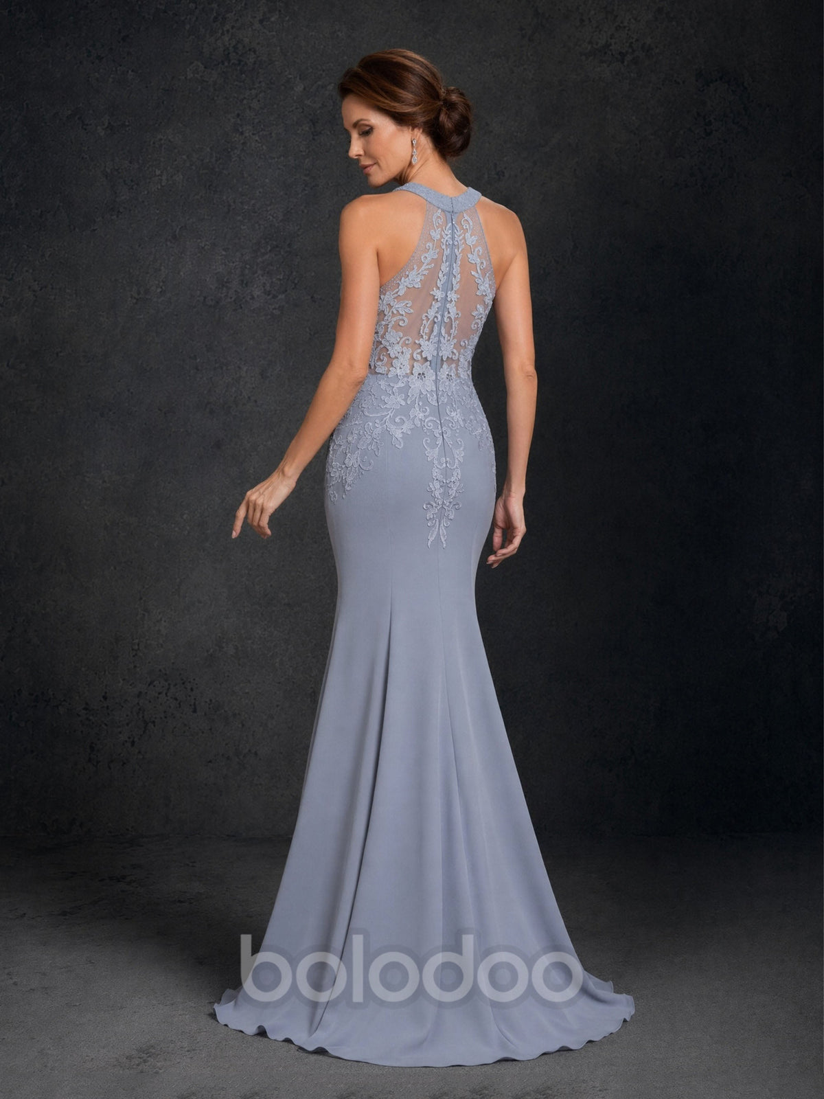 BOLODOO Steel Blue Lace Applique Halter Neck Mermaid Maxi Dress - Front Three Quarter View | BOLODOO watermark