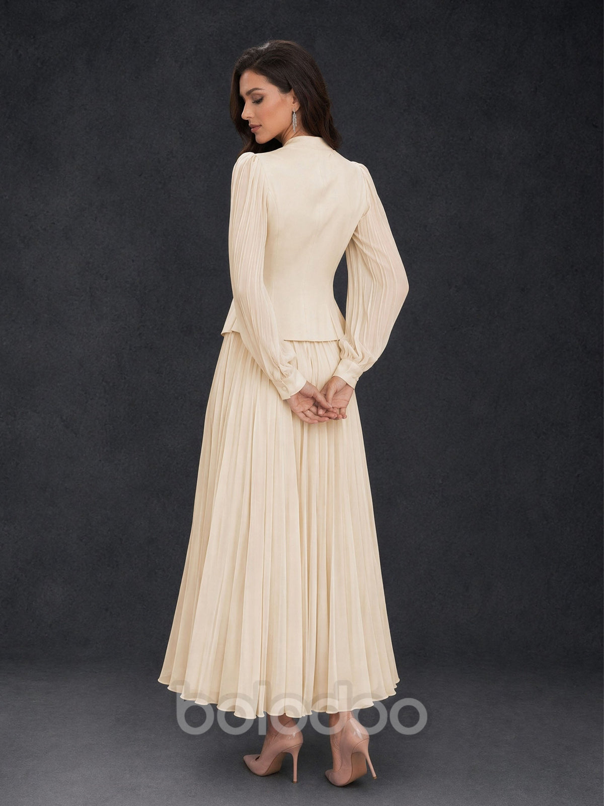 BOLODOO Champagne Ivory Lace Embroidered V-Neck Lantern Sleeve Peplum Pleated Maxi Dress - Front Three Quarter View | BOLODOO watermark
