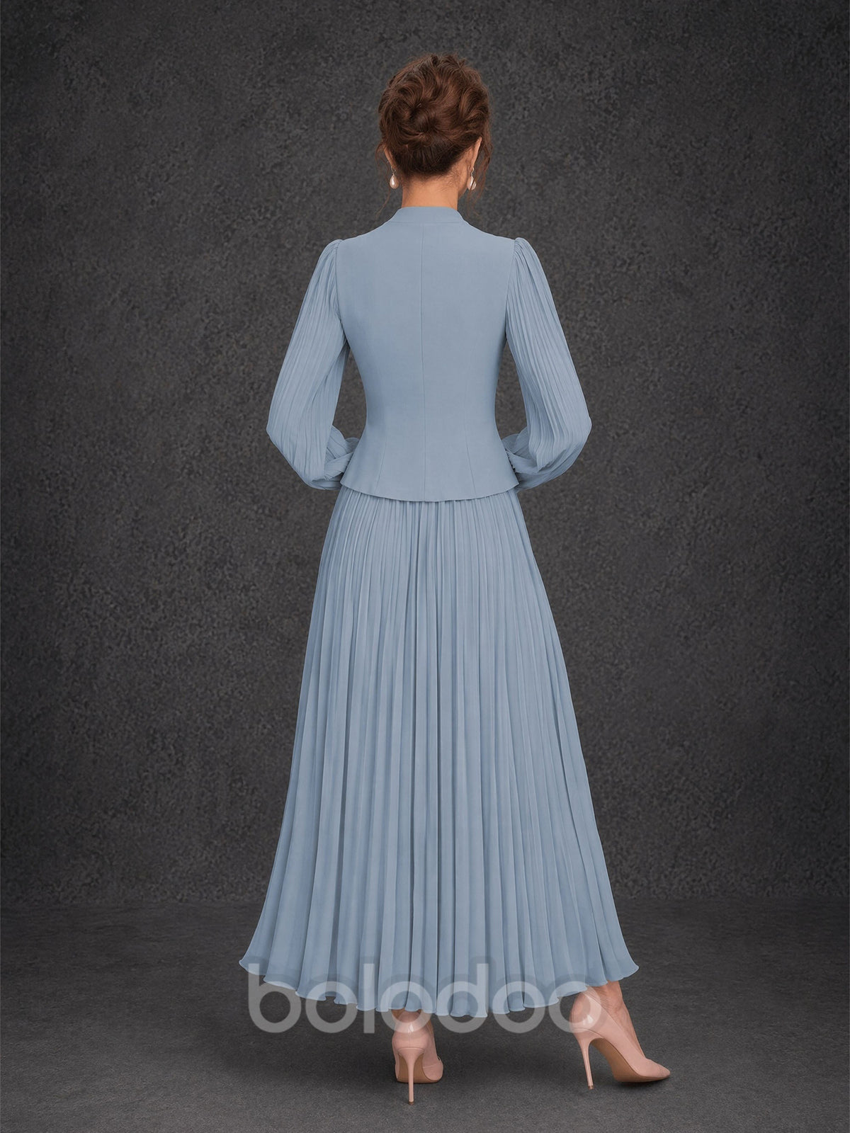 BOLODOO Dusty Blue Lace Embroidered V-Neck Lantern Sleeve Peplum Pleated Maxi Dress - Back View | BOLODOO watermark