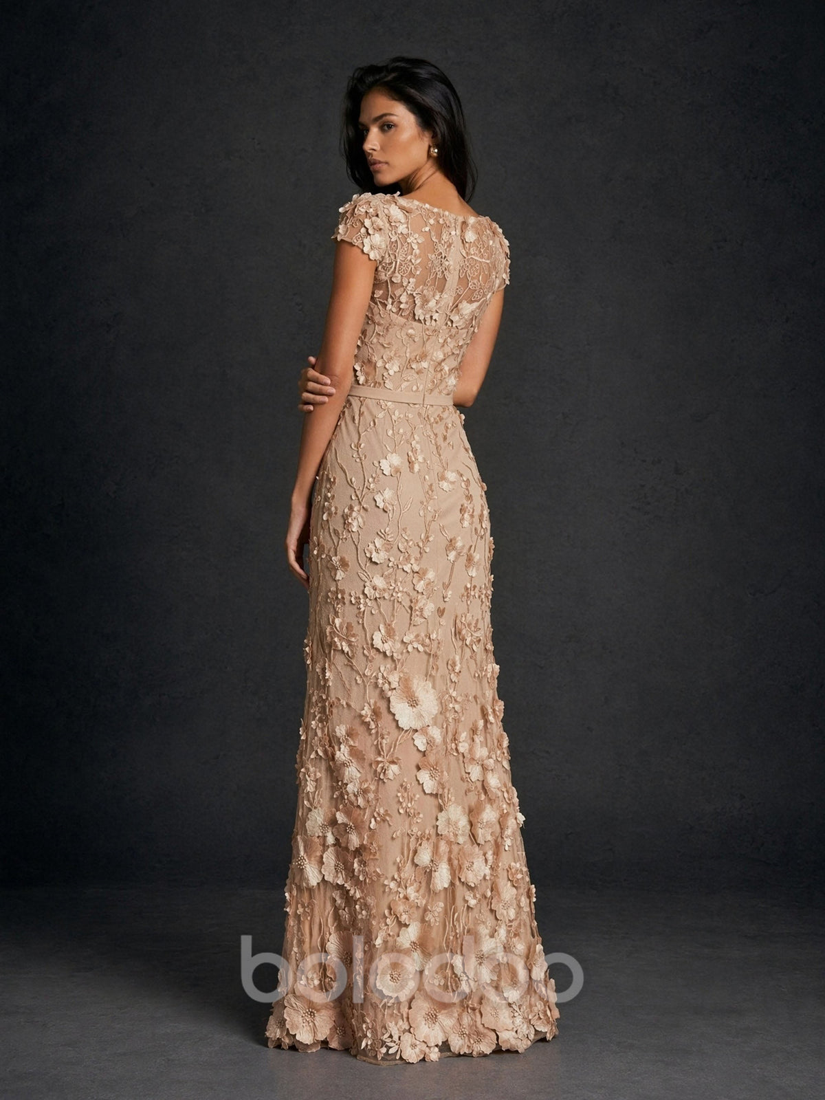 BOLODOO Champagne Gold 3D Floral Square Neck Cap Sleeve Mermaid Maxi Dress - Back View showing Sheer Lace Illusion Back | BOLODOO watermark