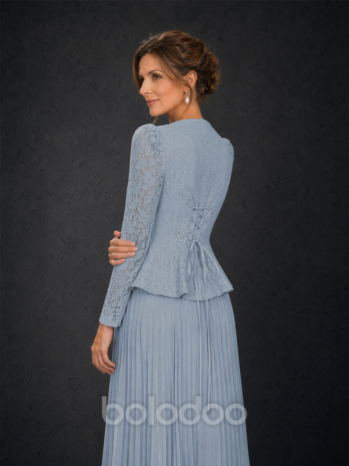BOLODOO Dusty Blue Lace Square Neck Long Sleeve Peplum Pleated Maxi Dress - Upper Body Close Up showing Square Neck and Lace Detail | BOLODOO watermark