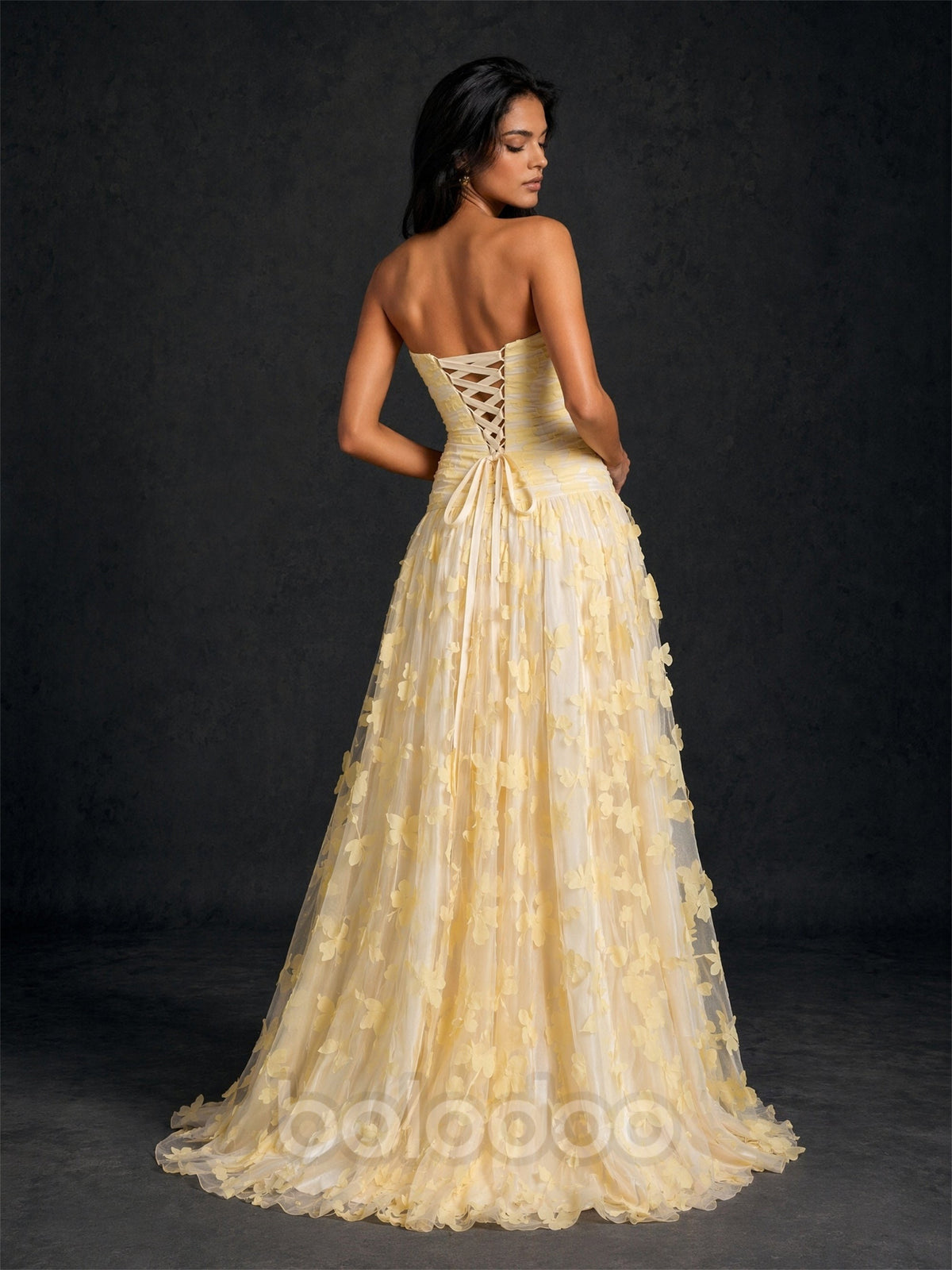 BOLODOO Lemon Yellow 3D Floral Strapless Corset A-Line Maxi Dress - Front Full Length Side Pose showing Sweep Train | BOLODOO watermark