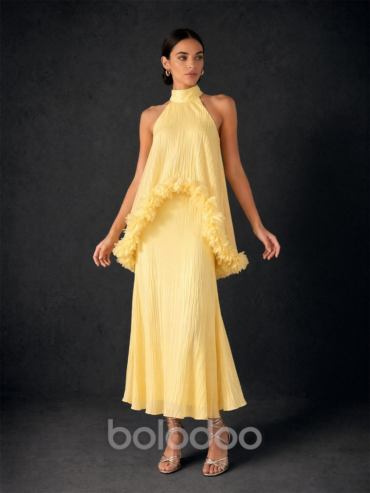 BOLODOO Lemon Yellow Crinkle Chiffon Halter 3D Floral Ruffle Cape Midi Dress - Front Full Length View | BOLODOO watermark