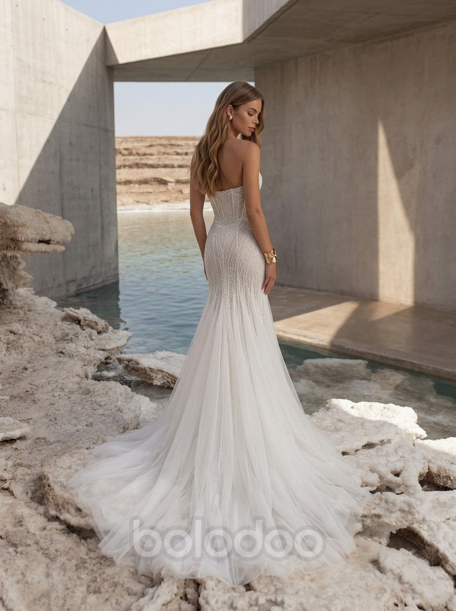 BOLODOO ivory pearl beaded sequin embroidered tulle strapless sweetheart mermaid wedding dress - front full length view showing train | BOLODOO watermark