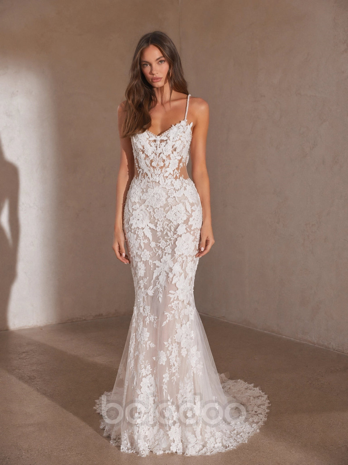 BOLODOO ivory 3D floral lace applique pearl spaghetti strap sweetheart mermaid wedding dress - front full length view showing sheer waist and train | BOLODOO watermark