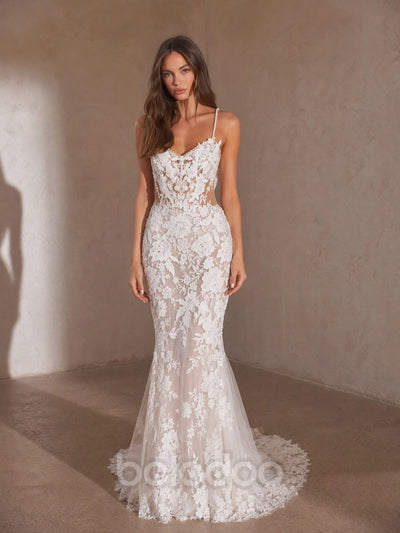 BOLODOO ivory 3D floral lace applique pearl spaghetti strap sweetheart mermaid wedding dress - front full length view showing sheer waist and train | BOLODOO watermark