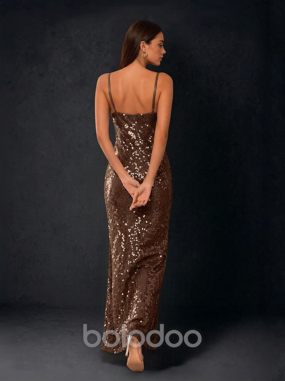 BOLODOO Bronze Sequin Cowl Neck Spaghetti Strap Mermaid Maxi Dress - Front Full Length Looking Away View | BOLODOO watermark