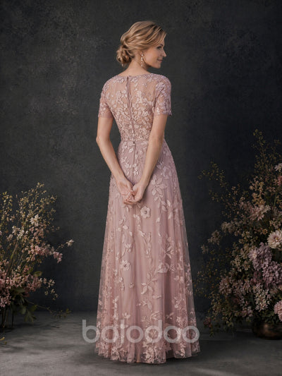BOLODOO Rose Pink 3D Floral Embroidered Lace V-Neck Short Sleeve A-Line Maxi Dress - Back View showing Covered Back Short Sleeves and Full A-Line Skirt | BOLODOO watermark