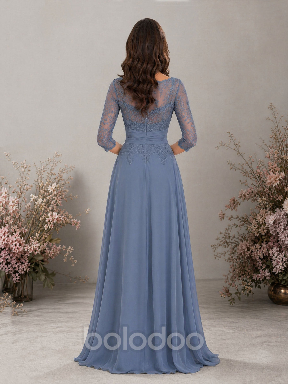 BOLODOO Dusty Blue Chiffon Lace Formal Gown - Front View Walking | BOLODOO watermark
