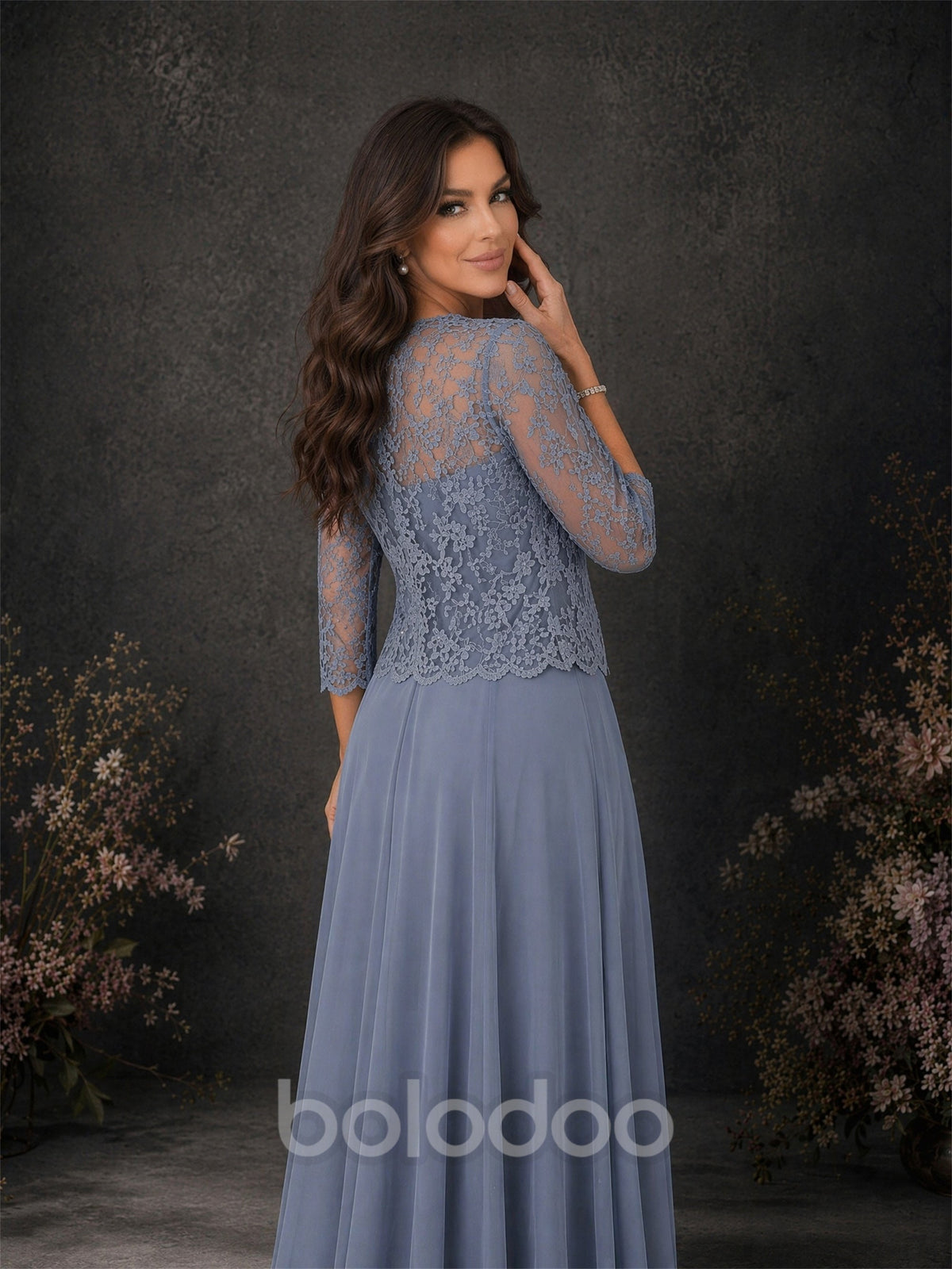 BOLODOO Steel Blue Chiffon Lace Jacket 2-Piece Formal Gown - Three-Quarter Back View | BOLODOO watermark