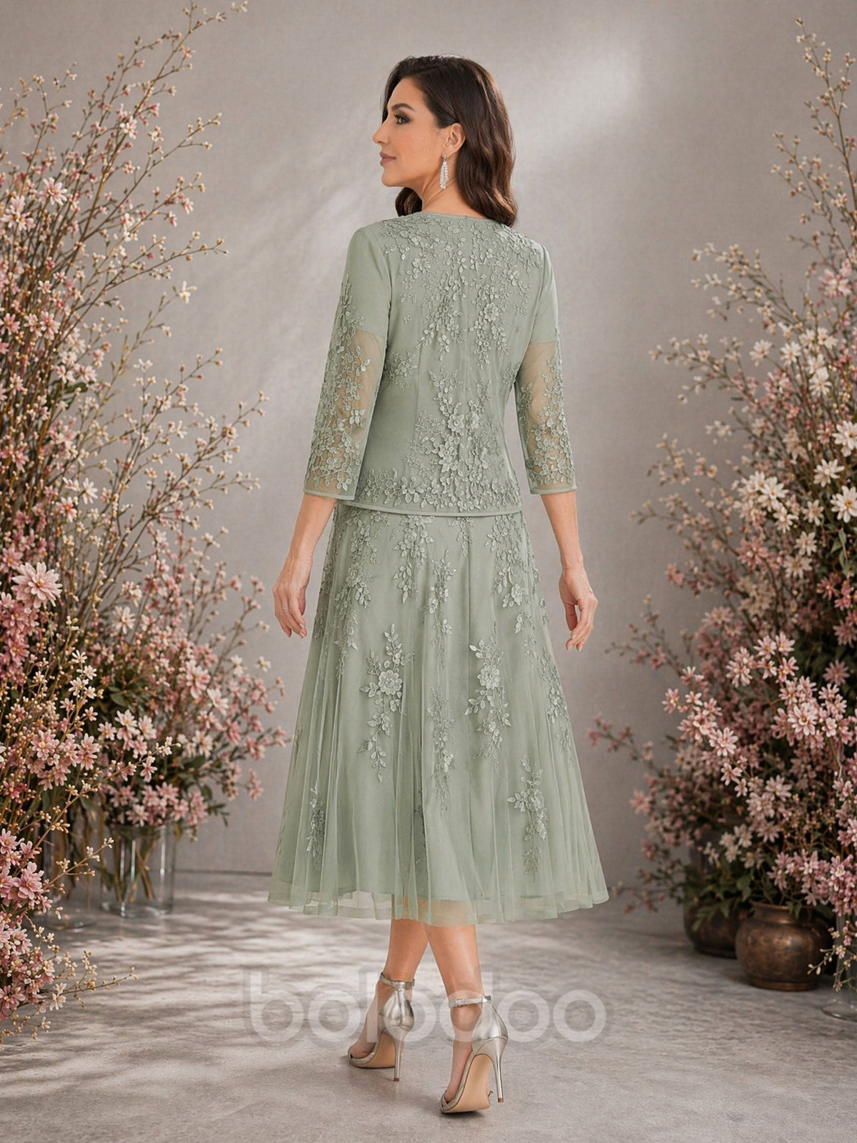 BOLODOO Sage Green Lace Tulle 2-Piece Tea Length Formal Dress - Back View | BOLODOO watermark