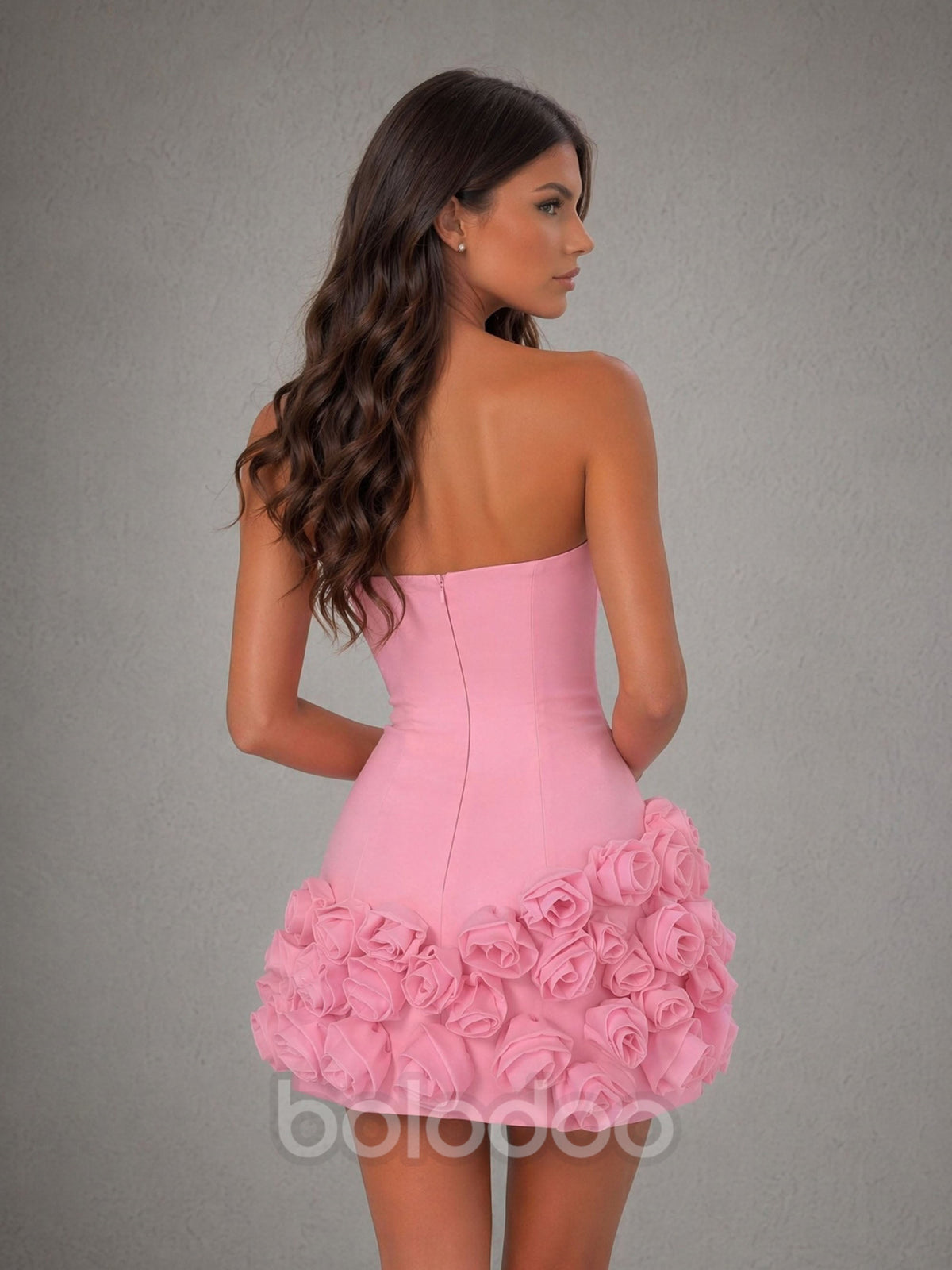 BOLODOO Pink 3D Rose Floral Strapless Mini Dress - Back View Showing Open Back | BOLODOO watermark