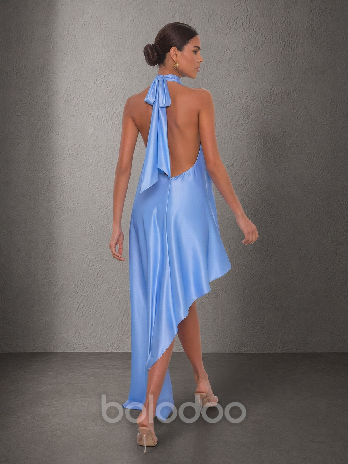 BOLODOO Sky Blue Satin Halter Open Back Hi-Lo Dress - Front Upper Body Close-up Halter Neckline Detail | BOLODOO watermark
