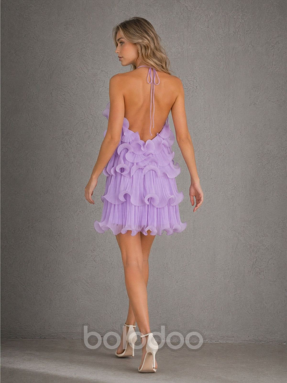 BOLODOO Lavender Pleated Tulle Tiered 3D Ruffle Halter Open Back Mini Dress - Back View Showing Full Open Back | BOLODOO watermark