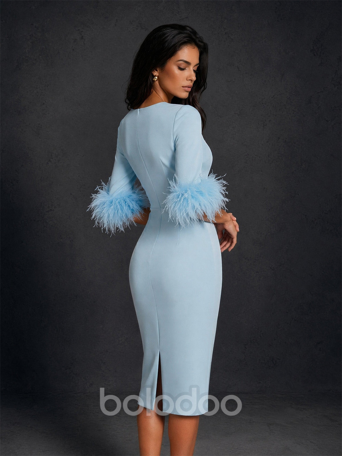 BOLODOO Ice Blue Ostrich Feather Cuff 3/4 Sleeve Bodycon Midi Dress - Back View Showing Center Back Slit | BOLODOO watermark