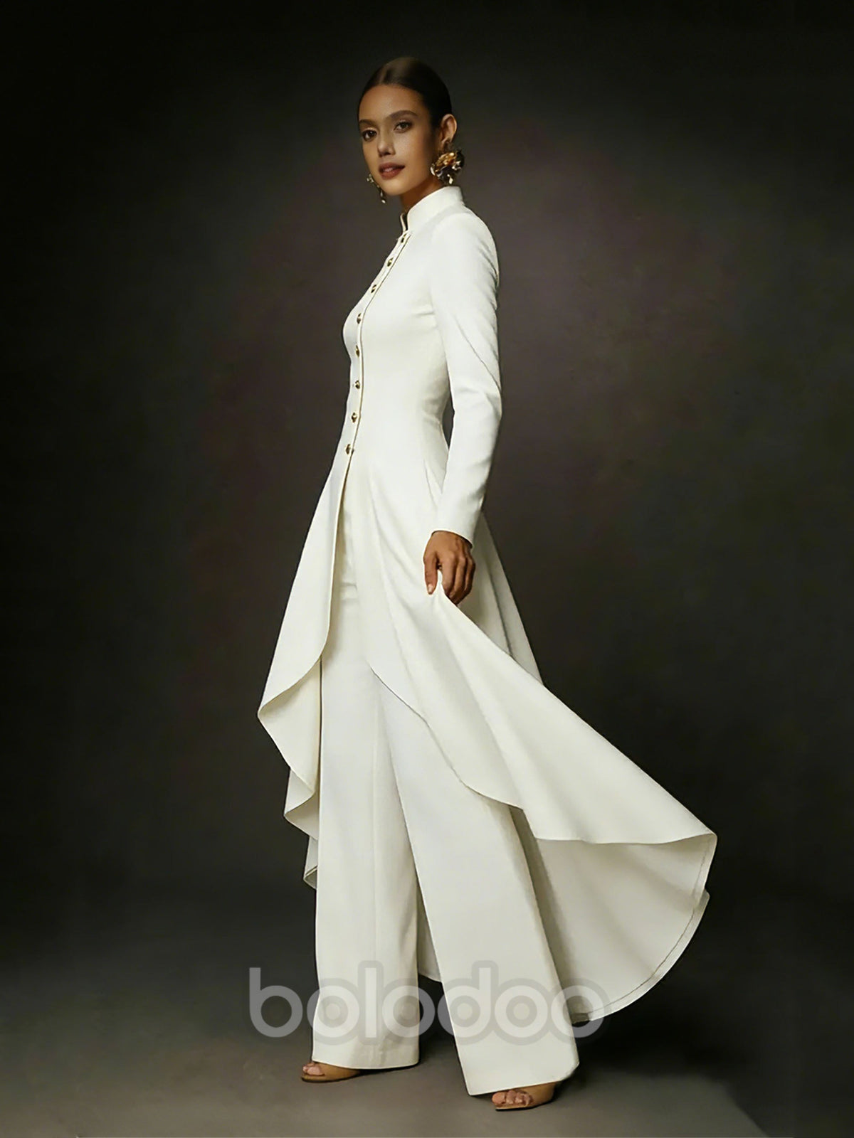 BOLODOO White Mandarin Collar Gold Button Asymmetric Hi-Lo Coat Wide-Leg Pants Suit - Side Full Length View Showing Hi-Lo Hem | BOLODOO watermark