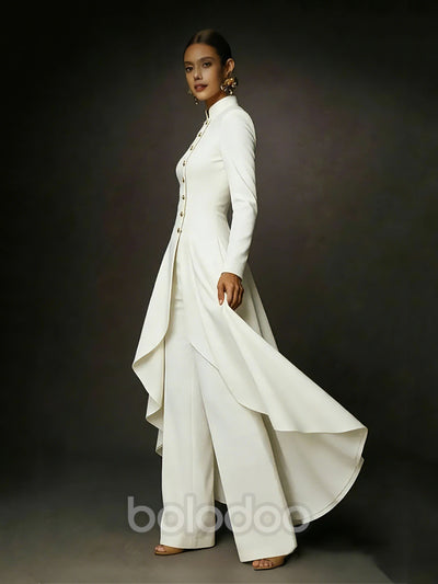 BOLODOO White Mandarin Collar Gold Button Asymmetric Hi-Lo Coat Wide-Leg Pants Suit - Side Full Length View Showing Hi-Lo Hem | BOLODOO watermark