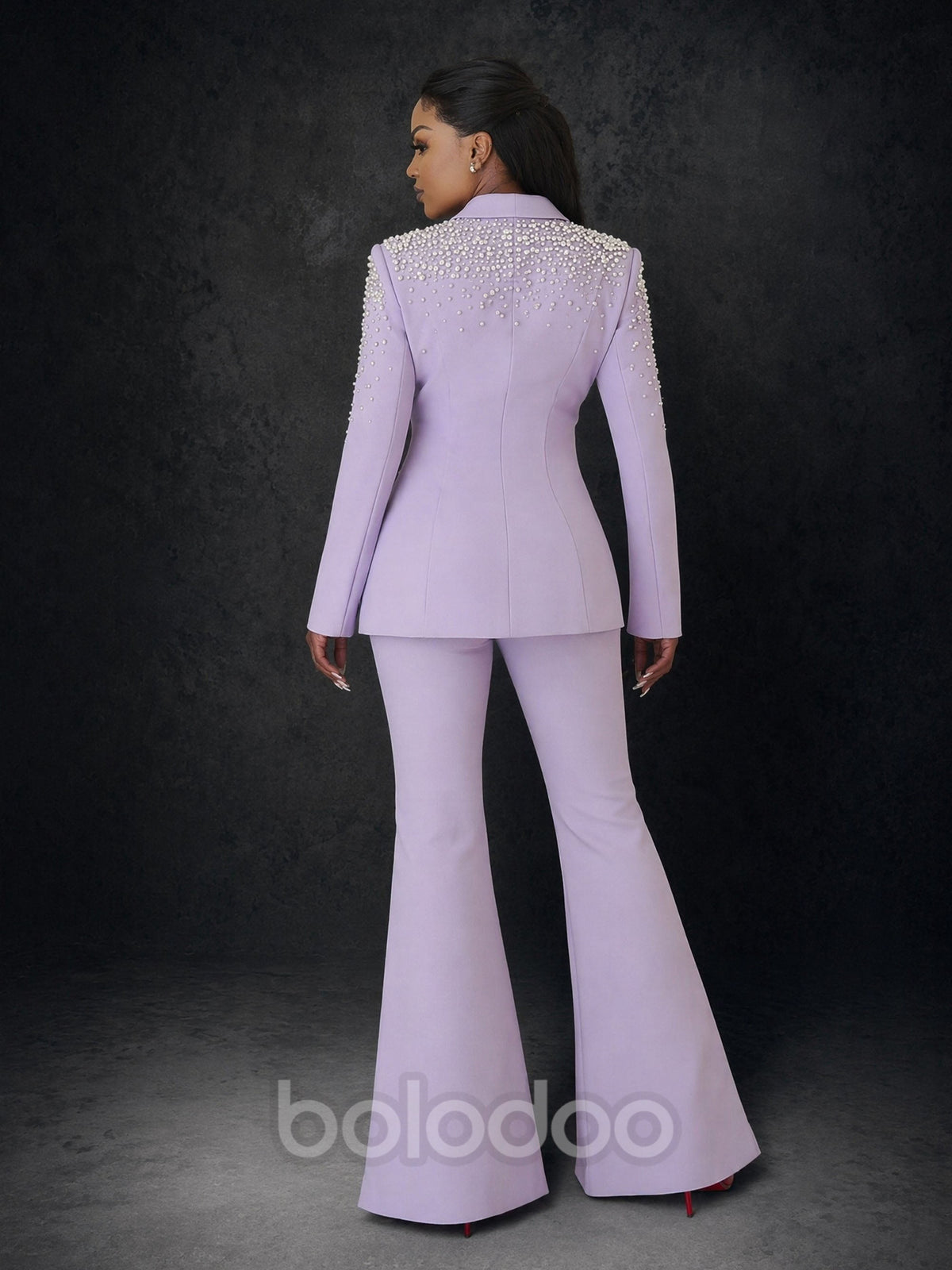 BOLODOO Lavender Pearl Rhinestone Shawl Lapel Blazer Pearl Trim Flare Pants Suit - Back View Showing Pearl Shoulder Detail | BOLODOO watermark
