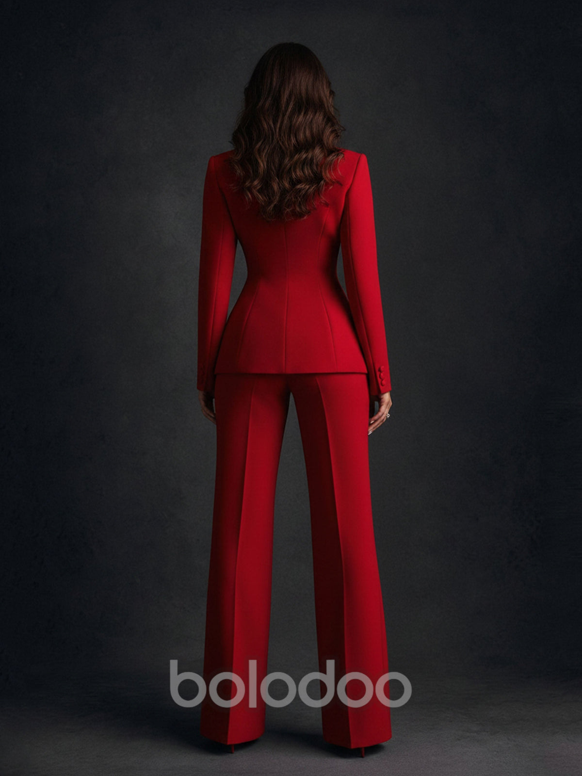 BOLODOO Red White Colorblock Peak Lapel Fitted Blazer Flare Pants Suit - Back Full Length View Showing Fitted Waist | BOLODOO watermark