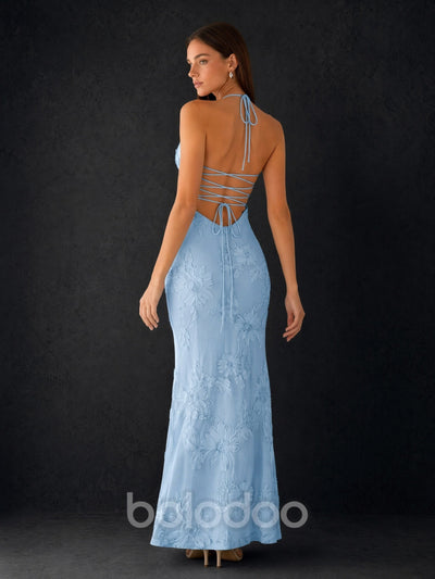 BOLODOO Sky Blue 3D Floral Embroidered Halter Sweetheart Lace-Up Open Back Mermaid Maxi Dress - Front Full Length Side View | BOLODOO watermark