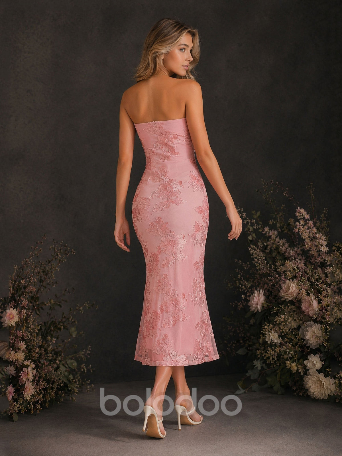 BOLODOO Rose Pink Floral Embroidered Mesh Strapless Open Back Bodycon Midi Dress - Front Full Length Standing View | BOLODOO watermark