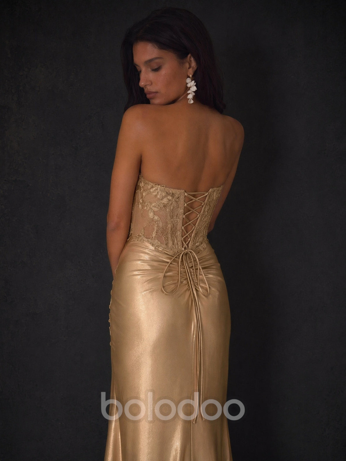 BOLODOO Champagne Gold Satin Sweetheart Lace Corset Bodice High Slit Lace-Up Back Mermaid Maxi Dress - Front Full Length Standing Straight View | BOLODOO watermark
