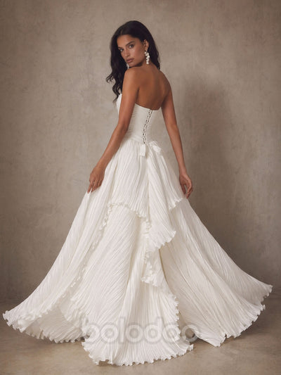 BOLODOO Ivory Crinkle Pleated Chiffon Sweetheart Corset Ball Gown Wedding Dress - Back View Showing Lace-Up Open Back and Floor-Length Train | BOLODOO watermark