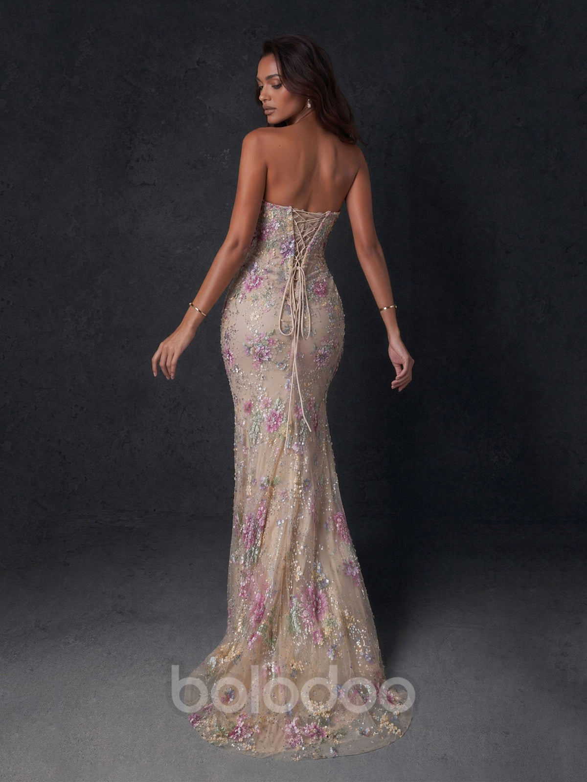 BOLODOO Champagne Floral Sequin Strapless Corset Mermaid Gown with Sweep Train | BOLODOO watermark