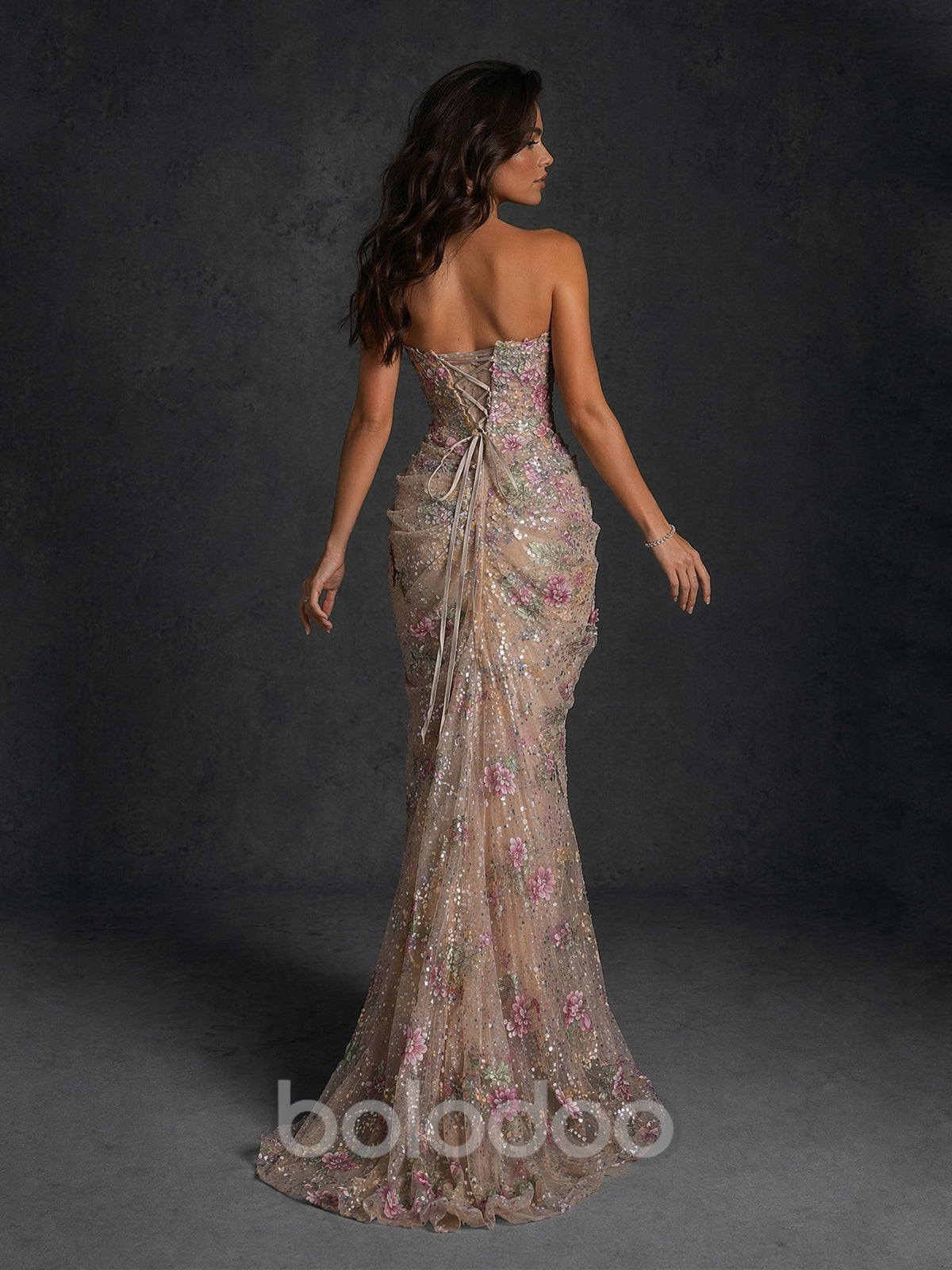 BOLODOO Champagne 3D Floral Sequin Strapless Mermaid Evening Gown with Sweep Train | BOLODOO watermark
