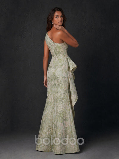 BOLODOO Sage Green Gold Jacquard One-Shoulder Mermaid Evening Gown with Draped Ruffle | BOLODOO watermark
