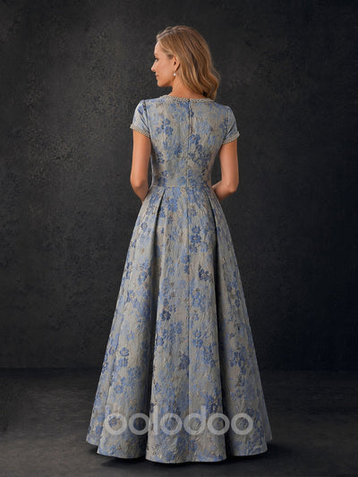 BOLODOO Steel Blue Floral Jacquard Pearl Trim A-Line Mother of the Bride Gown with Short Sleeves | BOLODOO watermark