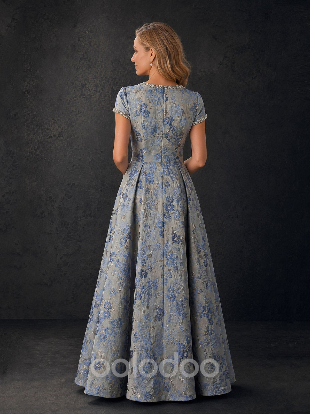 BOLODOO Steel Blue Floral Jacquard Pearl Trim A-Line Mother of the Bride Gown with Short Sleeves | BOLODOO watermark